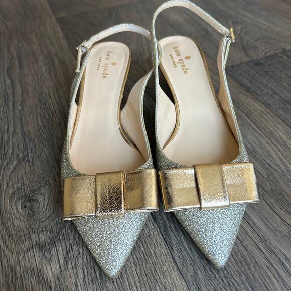 Kate Spade Golden Glitter Bow Pointed Toe Slingback Kitten Heels Size 7 - Picture 3 of 9